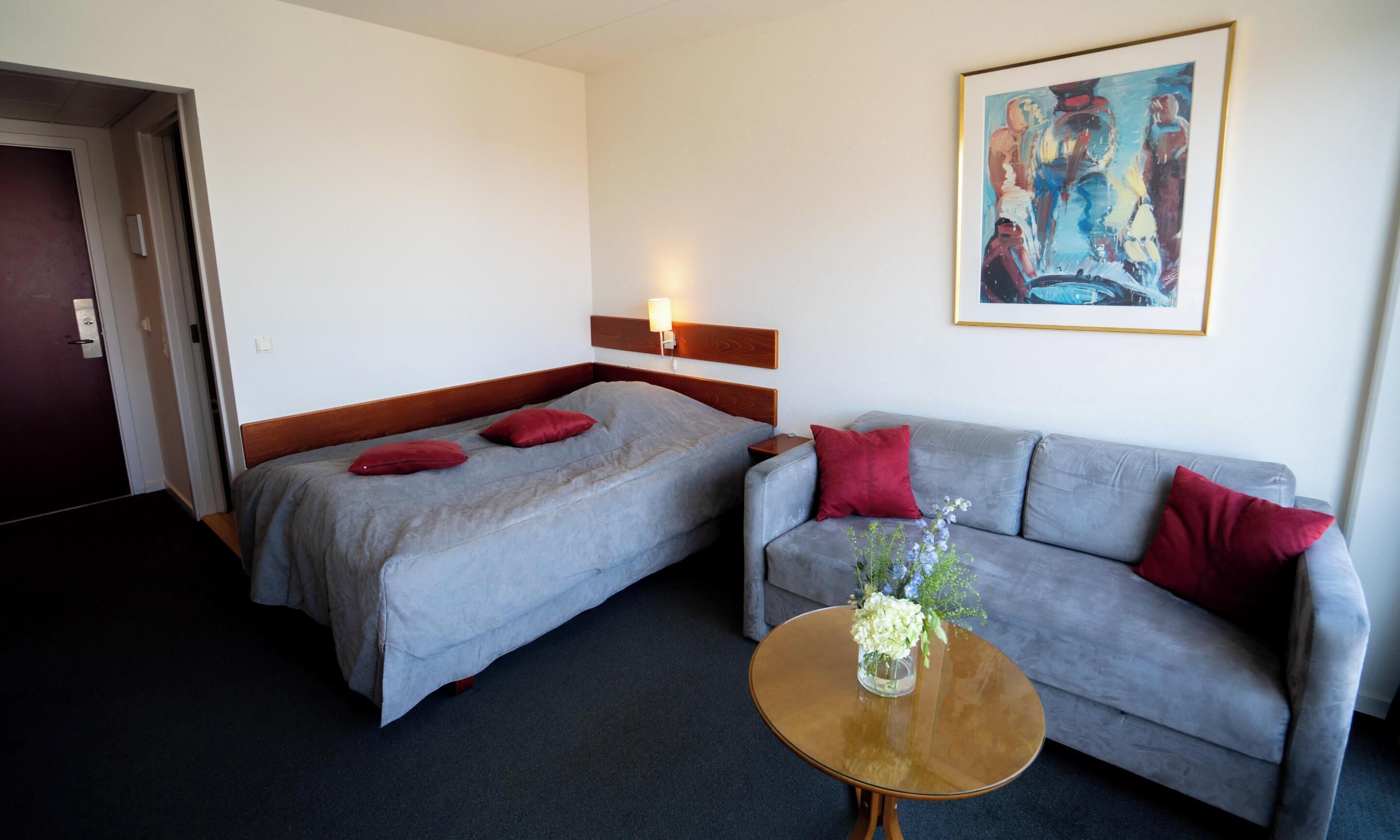 A hotel room with a bed, a sofa, a small table with a vase, and a painting on the wall.