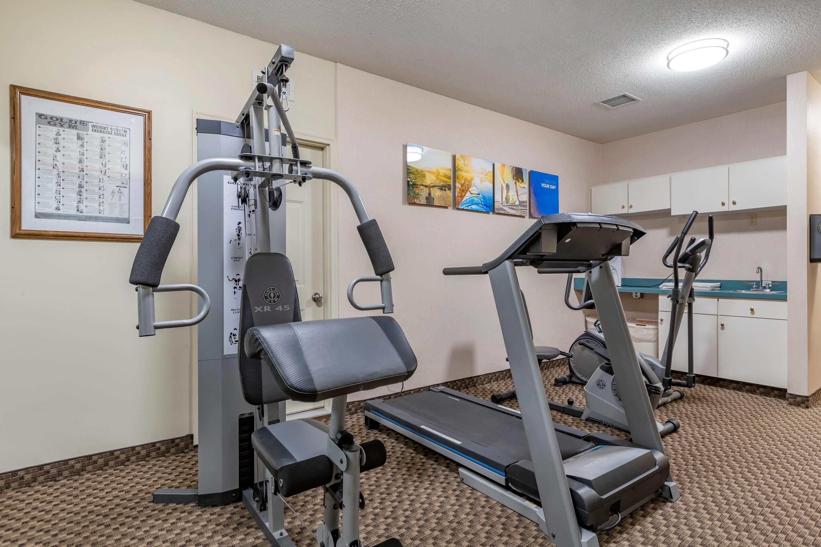 A gym with exercise equipment, a treadmill, and a wall-mounted poster.