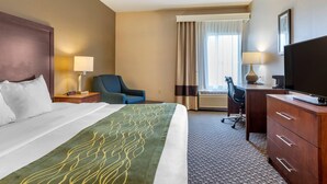 A hotel room with a bed, a desk, a chair, a television, and a window with curtains. - Comfort Inn Charlotte (Charlotte)