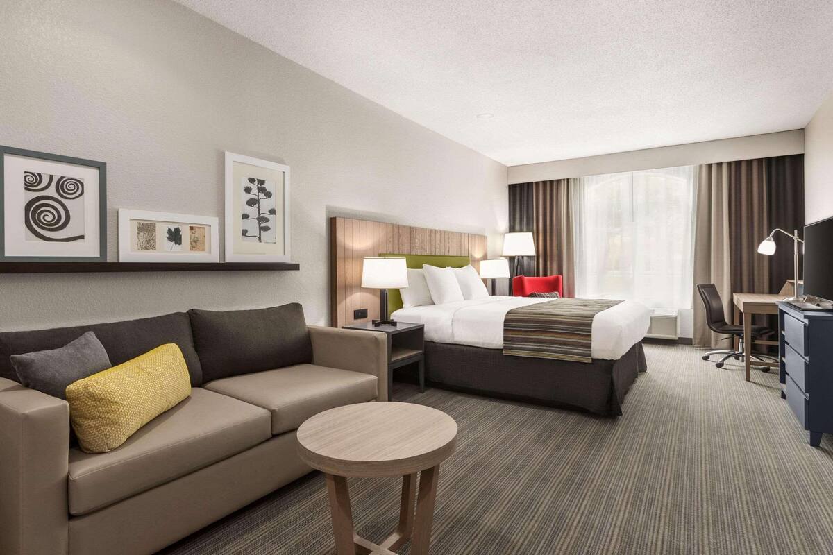 A hotel room with a bed, a sofa, a small table, a desk, and a TV.