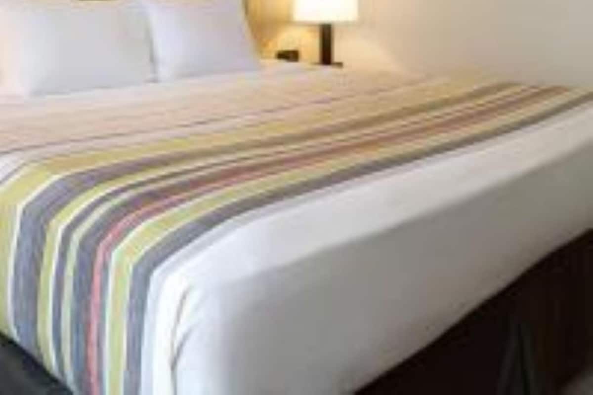 A hotel room with a bed, pillows, a bedside table with a lamp, and a headboard.