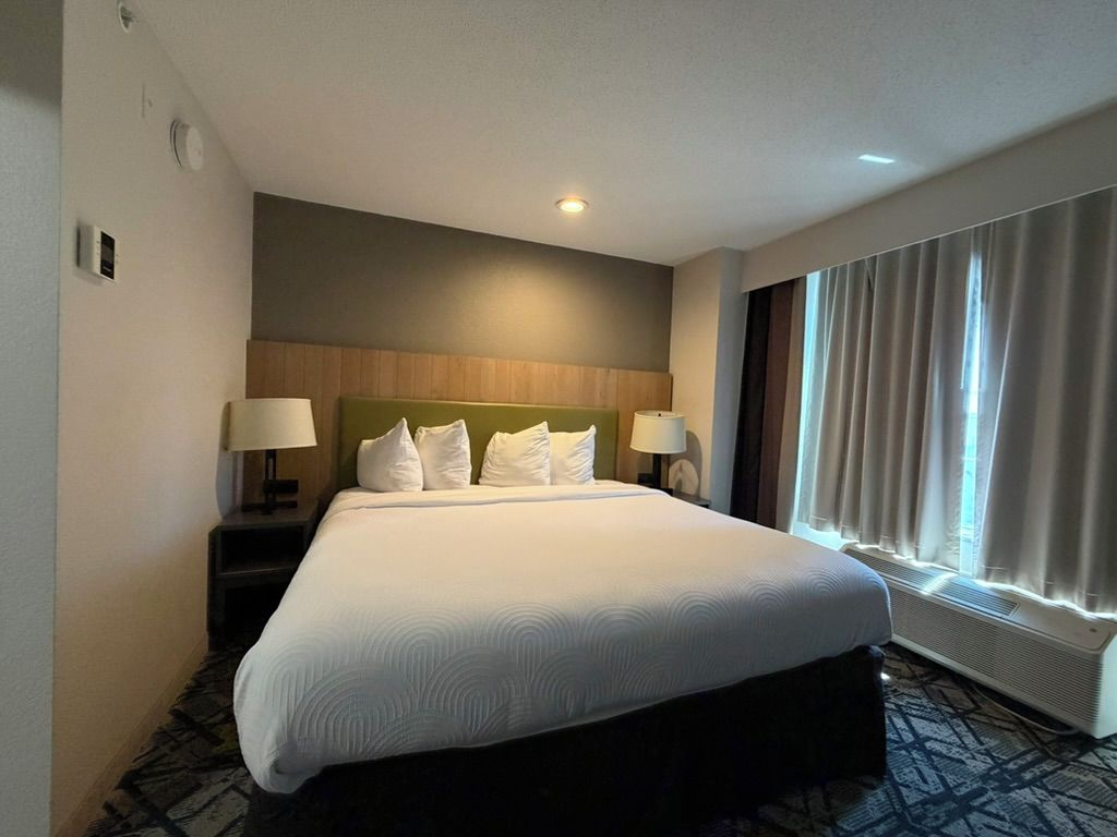A hotel room with a large bed, two bedside tables with lamps, a headboard, a window with curtains, and a carpeted floor.