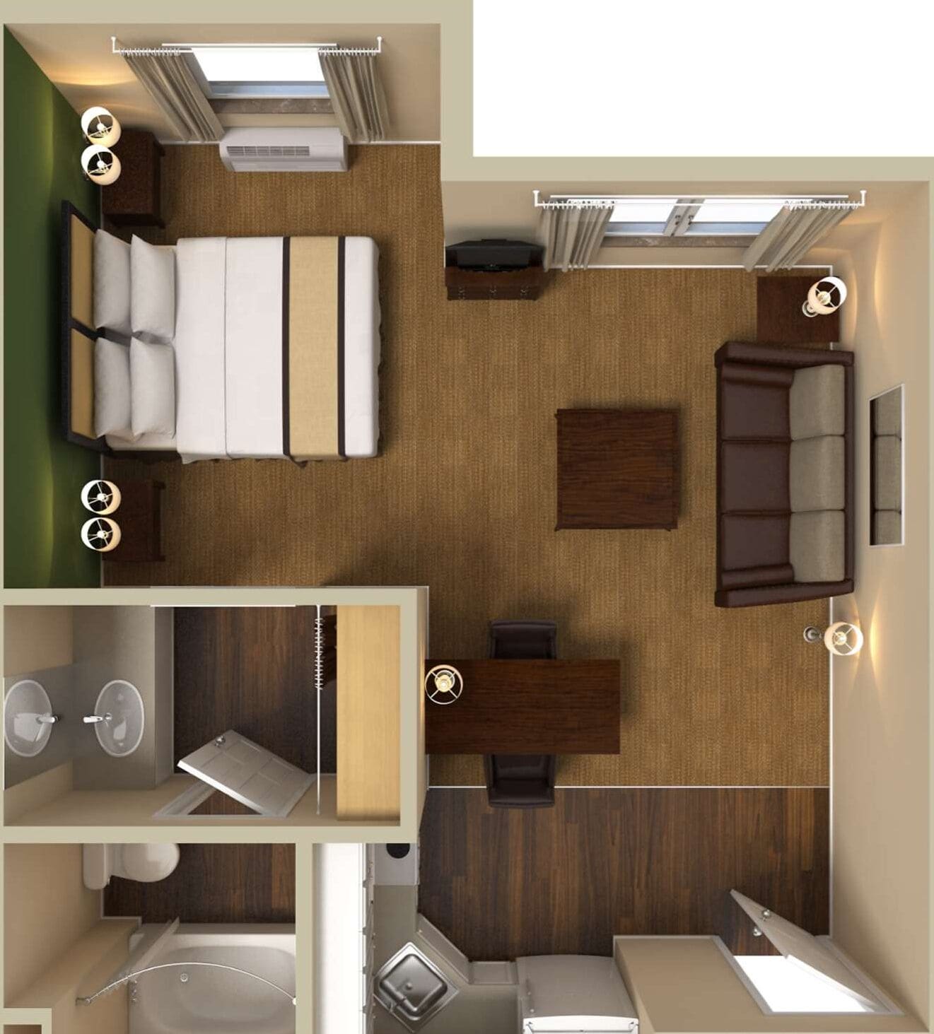 A hotel room layout with a bed, a sofa, a desk, and a small bathroom.