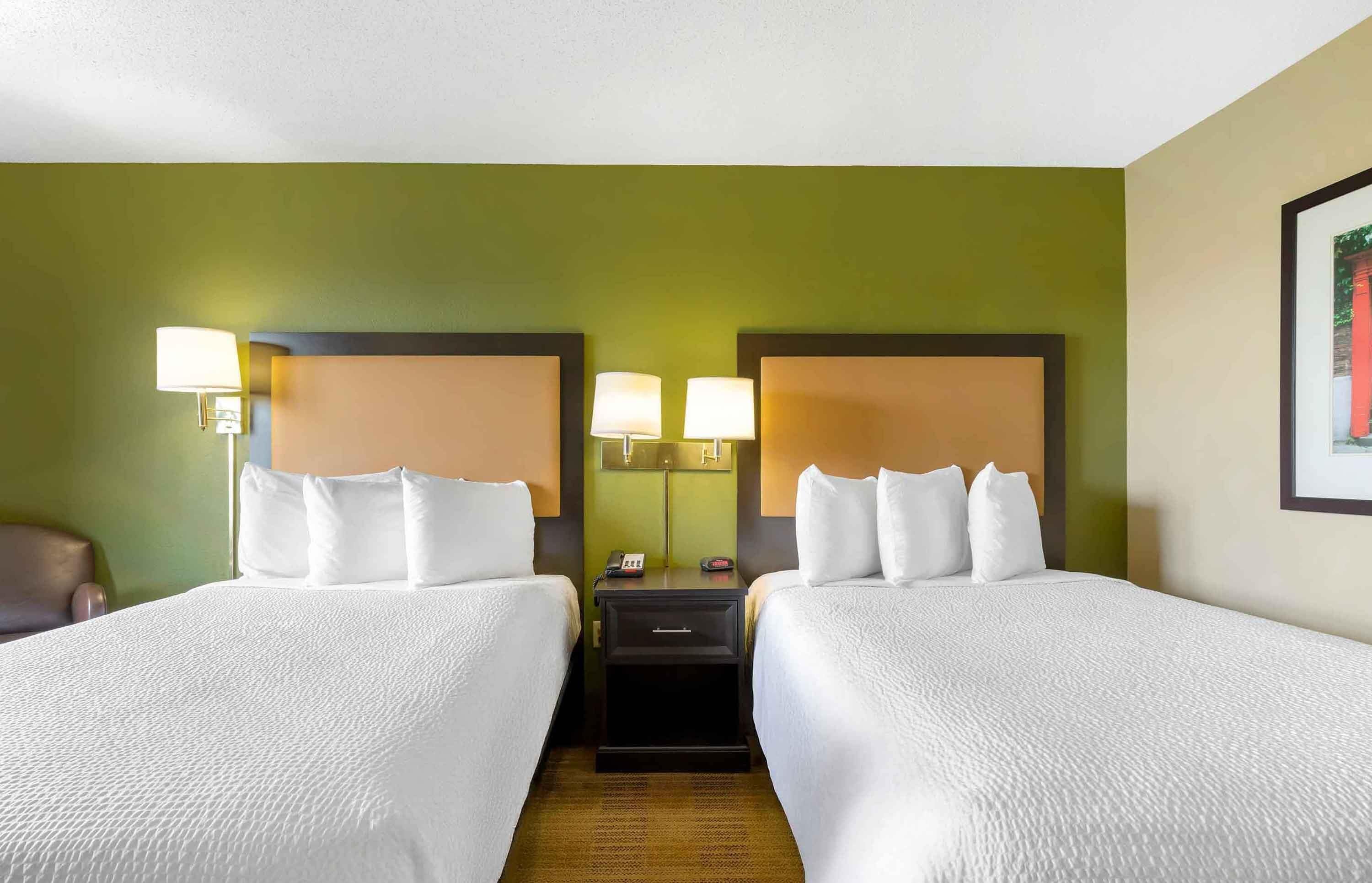 Habitación de hotel con dos camas, paredes verdes y un cabecero marrón. Hay lámparas de noche y una mesita con un teléfono y un control remoto.
