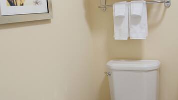 A bathroom with a toilet, a towel rack with towels, a toilet paper holder, and a framed picture on the wall.