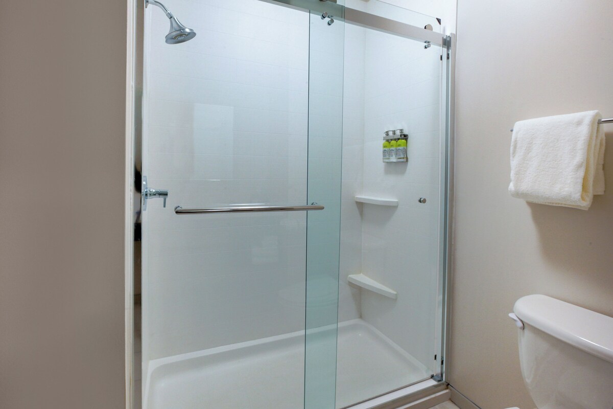 A modern bathroom with a glass-enclosed shower, a white toilet, and a towel rack.
