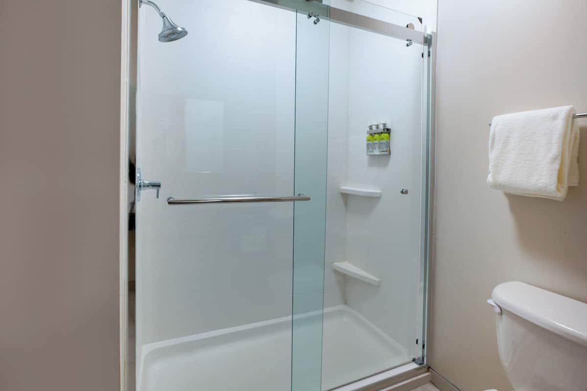 A modern bathroom with a glass-enclosed shower, a white toilet, and a towel rack.