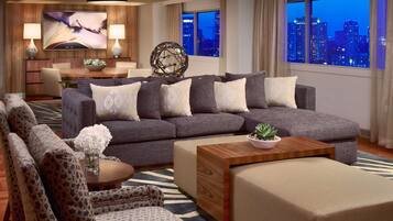 Suite, 1 King Bed, City View | Living area | 46-inch flat-screen TV with cable channels, TV