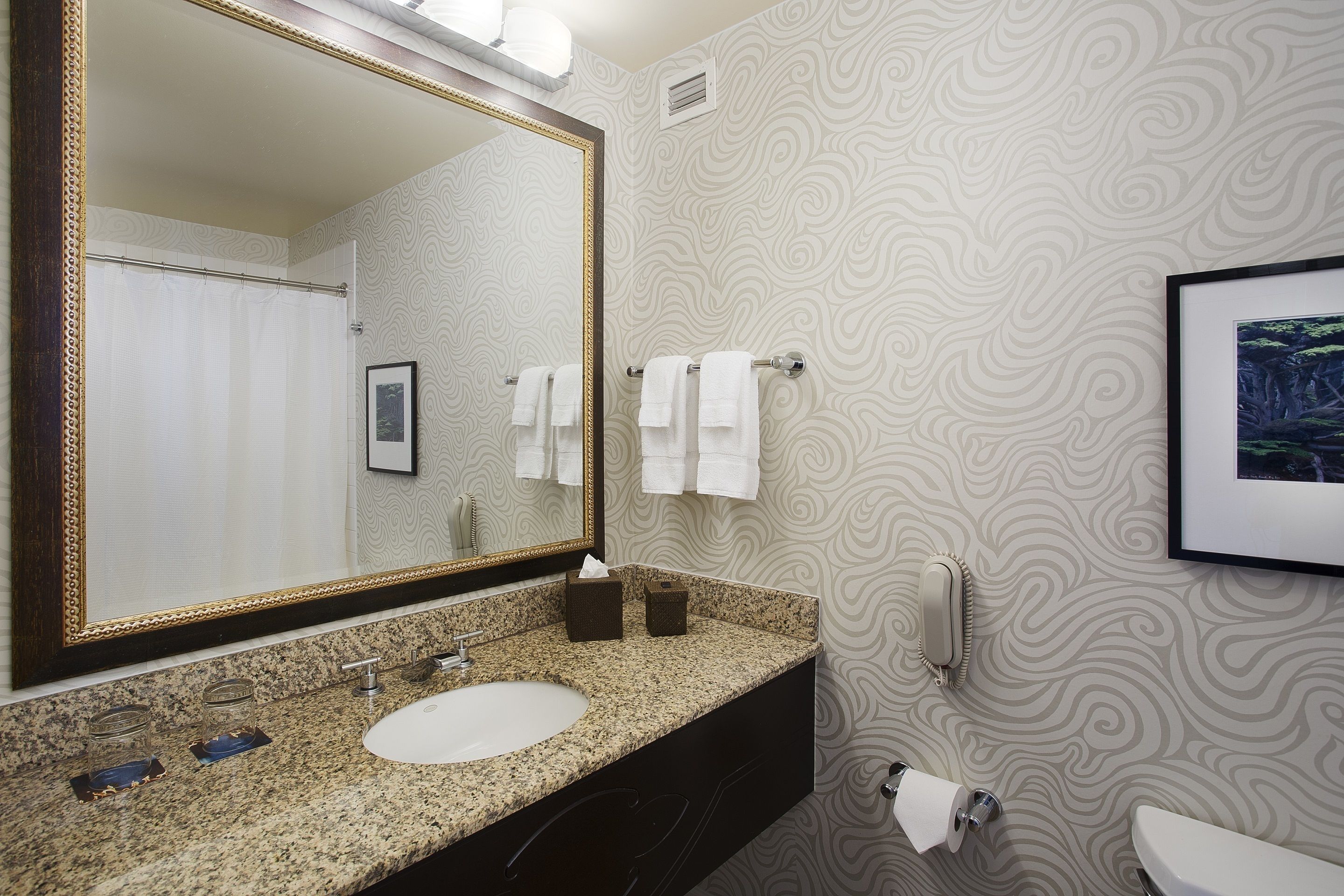 Un baño con encimera de granito, un lavabo blanco, un espejo grande y un cuadro en la pared.
