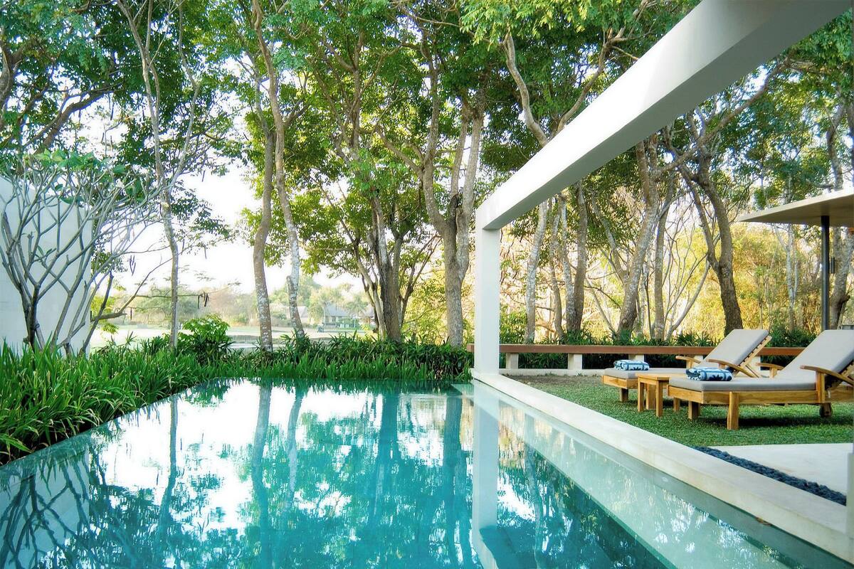 A modern outdoor pool area with lounge chairs and a view of trees.