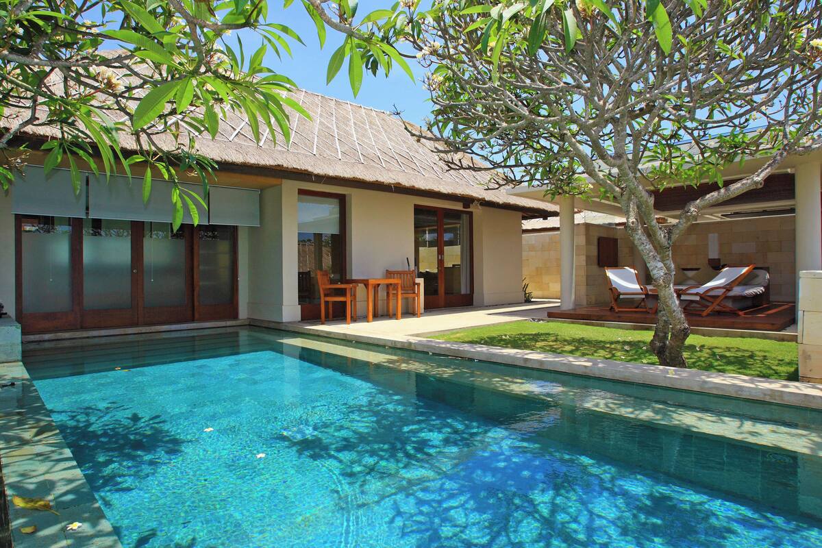 A swimming pool with a thatched roof structure, a dining area with chairs, and a small lawn.