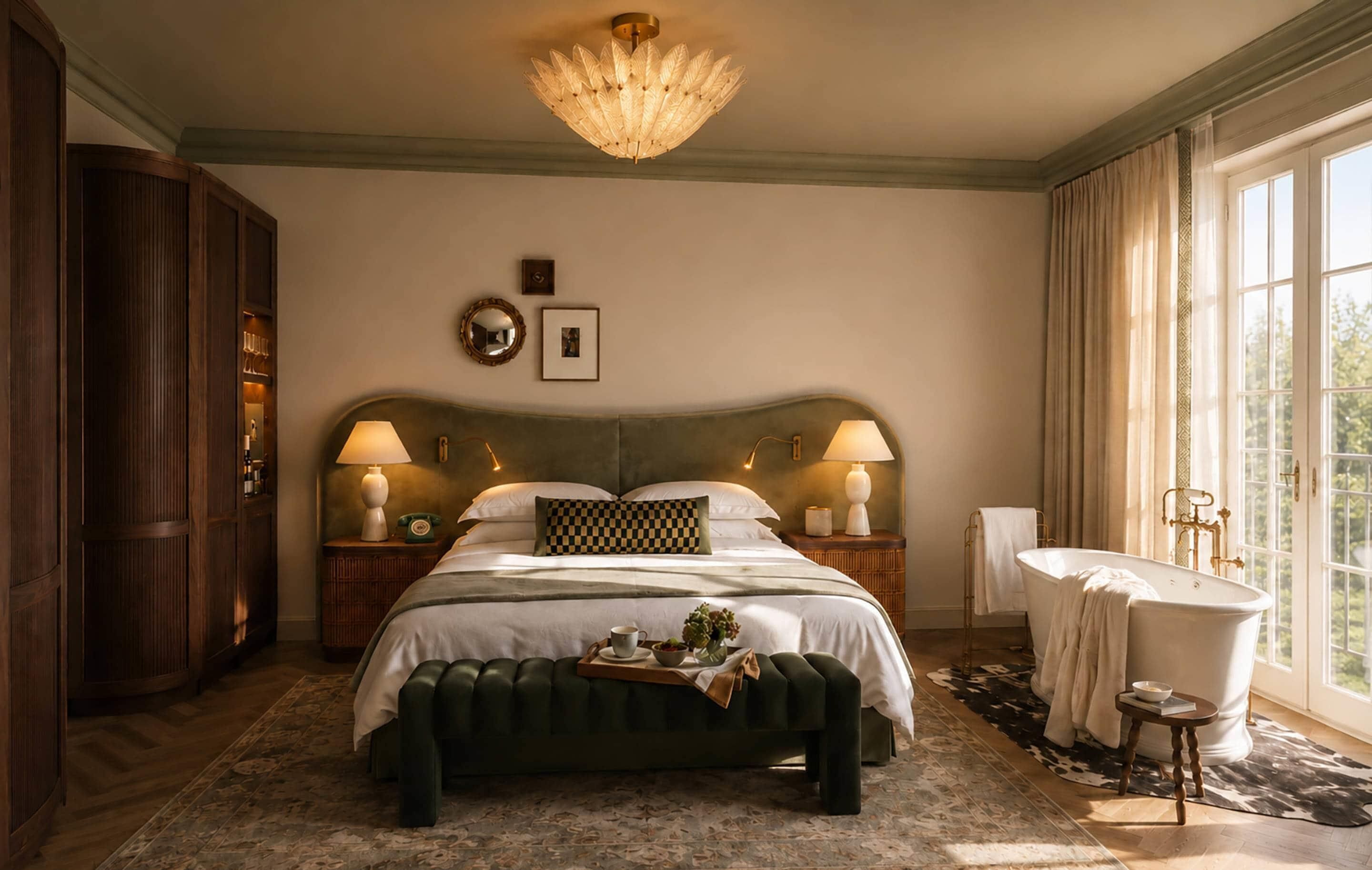 A bedroom with a large bed, two bedside lamps, a wooden wardrobe, a round mirror, and a window with curtains.