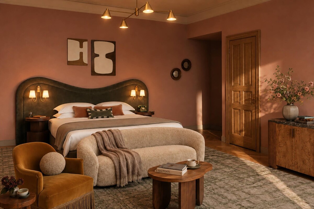 A bedroom with a large bed, bedside lamps, a wooden wardrobe, a small round table, and a chair.