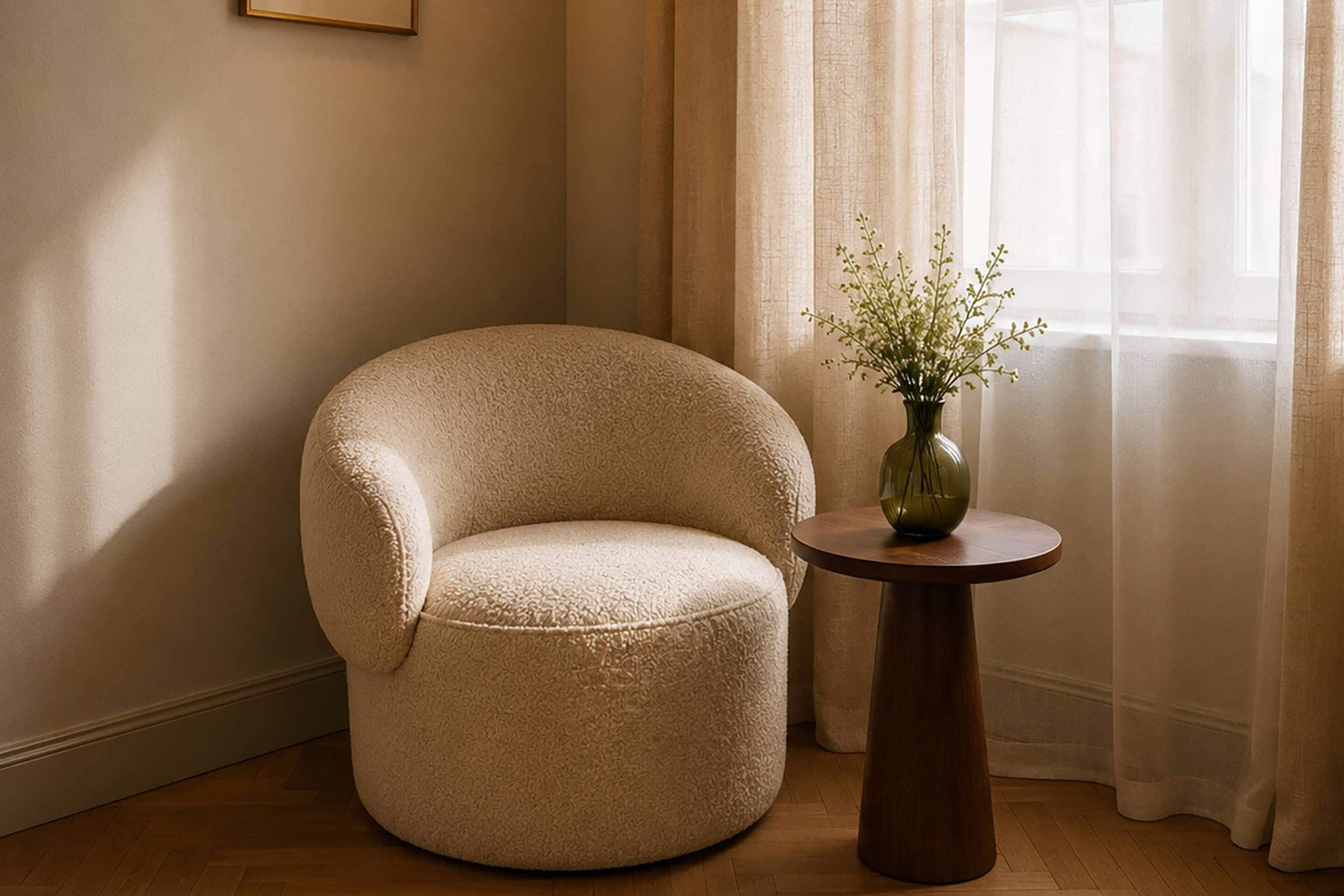 Un fauteuil rond recouvert d’un tissu texturé, placé à côté d’une petite table en bois sur laquelle se trouve un vase de fleurs.