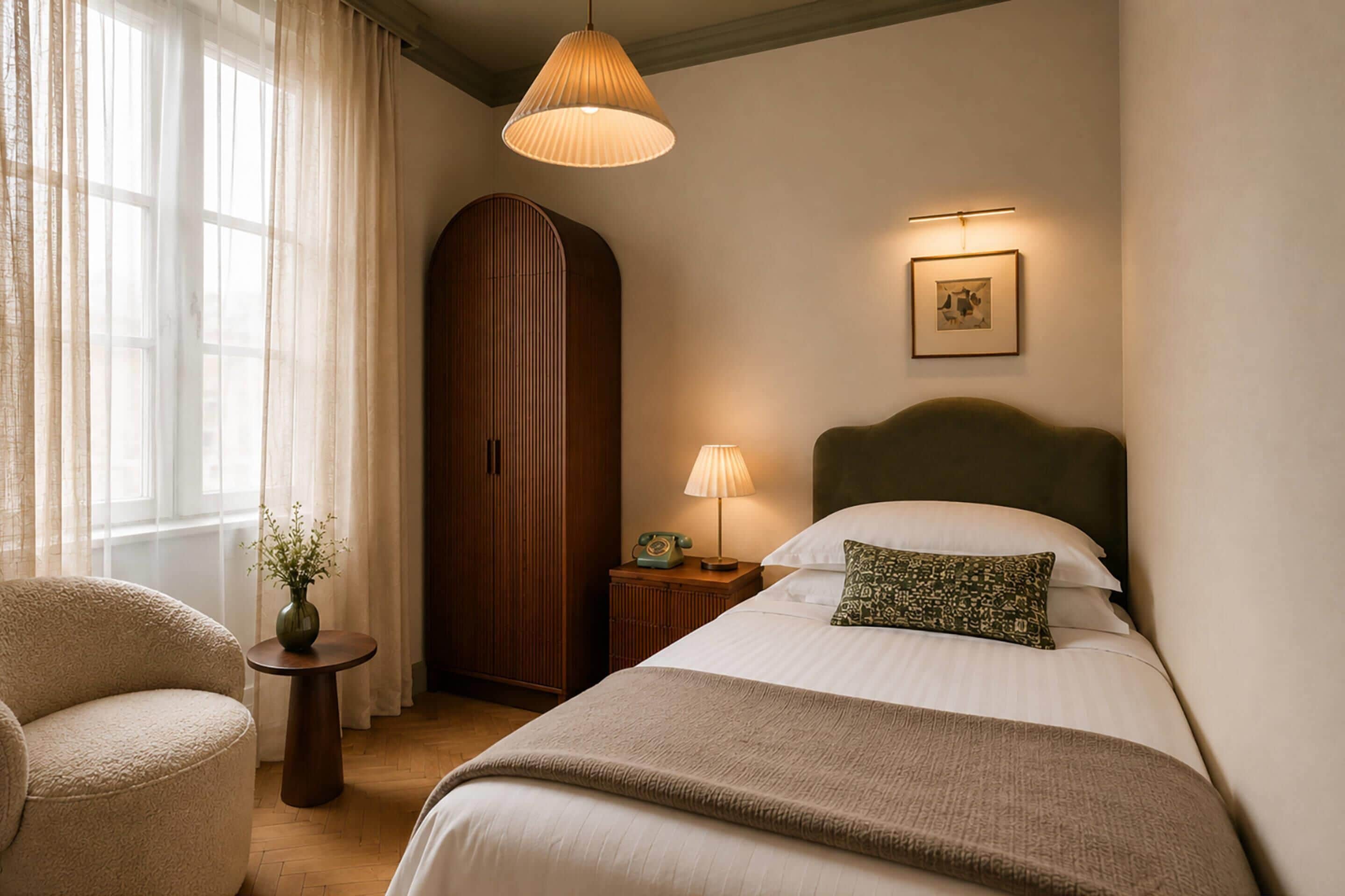 Une chambre d’hôtel comprenant un lit, une chaise, une table de chevet avec une lampe, une armoire et une fenêtre avec des rideaux.