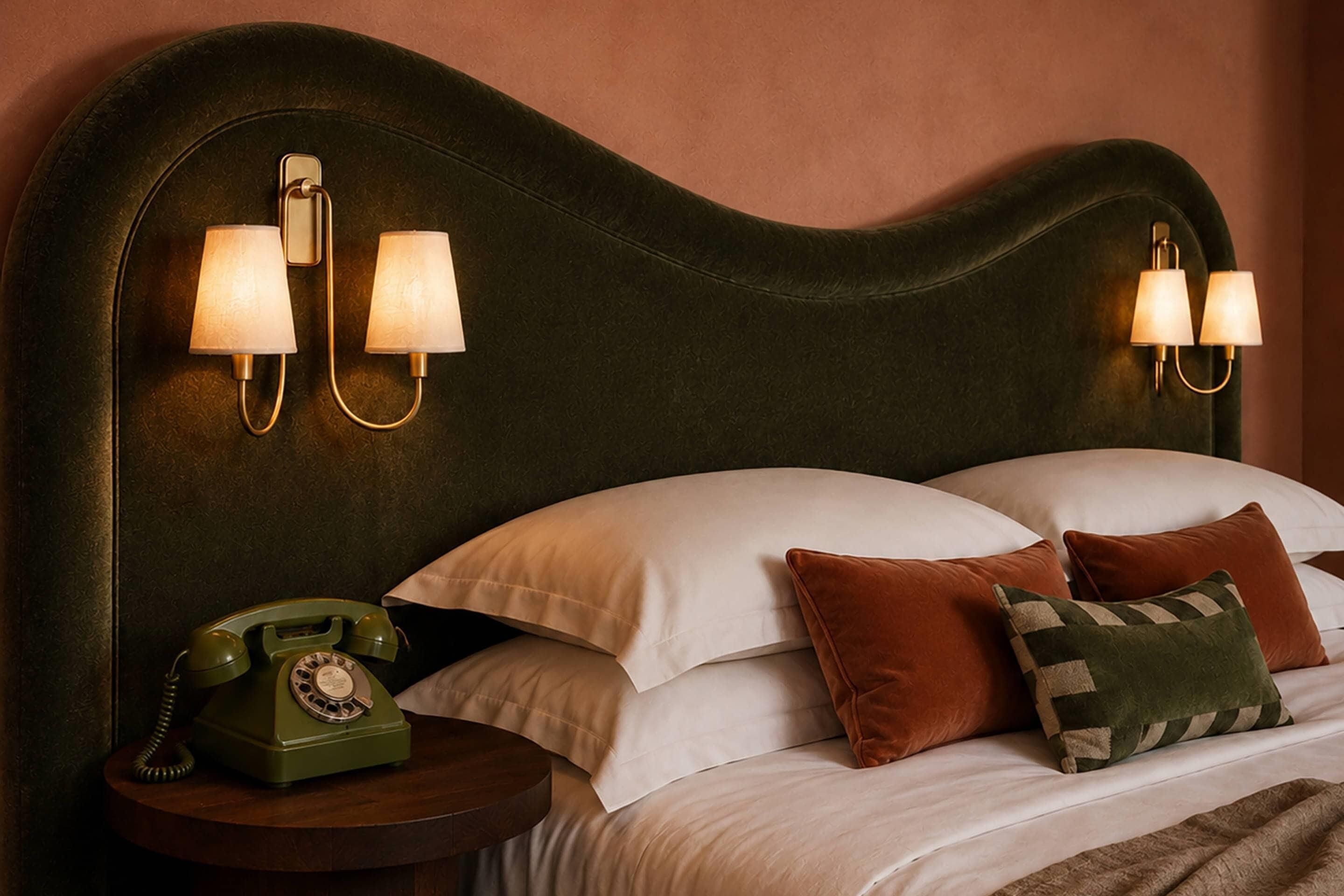 A hotel room with a classic design, featuring a curved headboard, a vintage rotary phone, and a neatly made bed with multiple pillows.