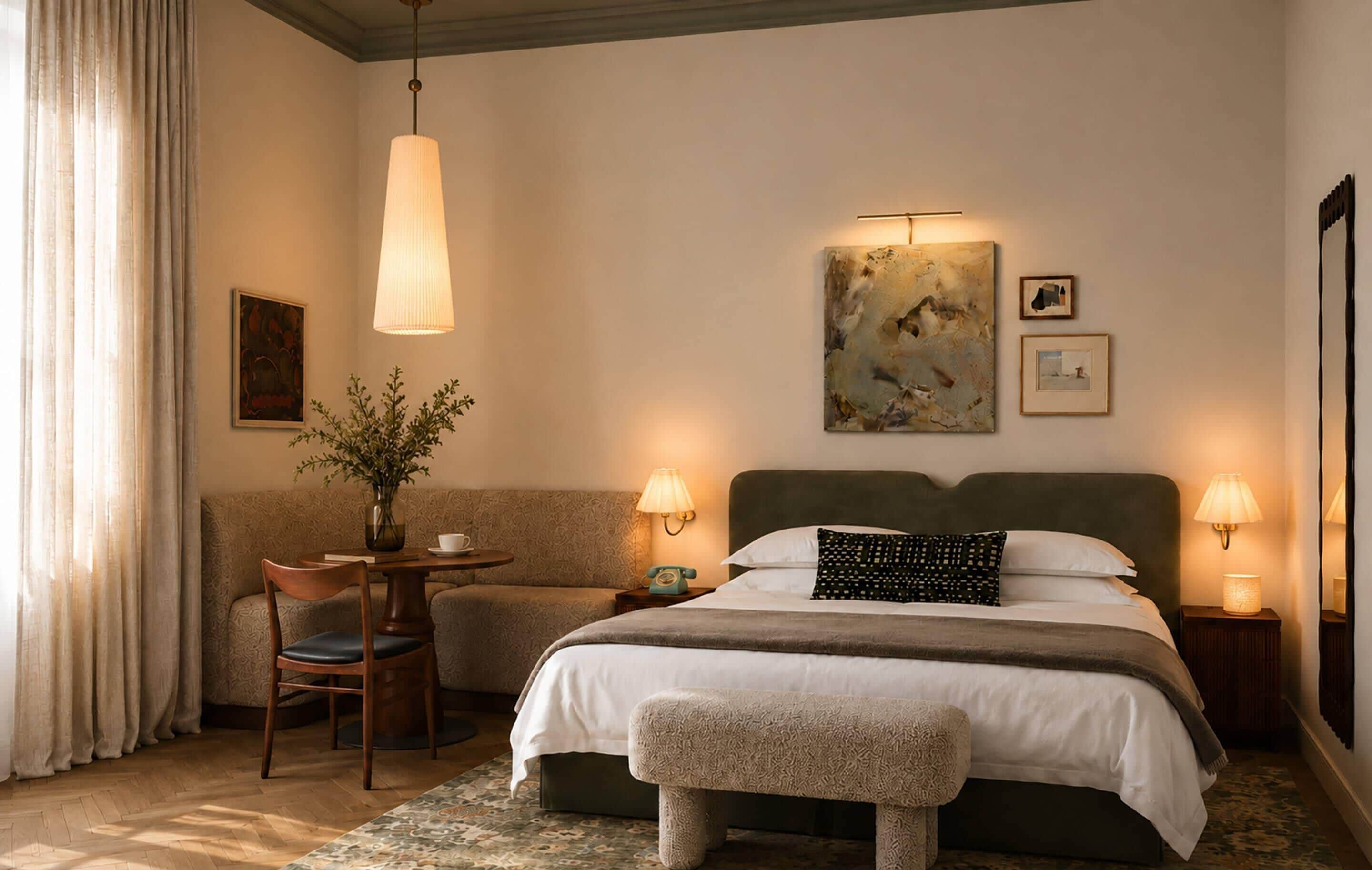 A hotel room with a bed, bedside tables, a desk with a chair, a vase with flowers, and artwork on the wall.