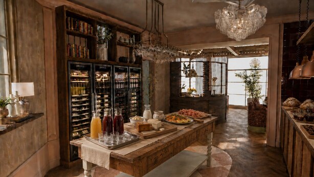 A wooden bar area with a long counter, wine bottles, glasses, and a variety of food items. - Villa Nord (Trondheim)