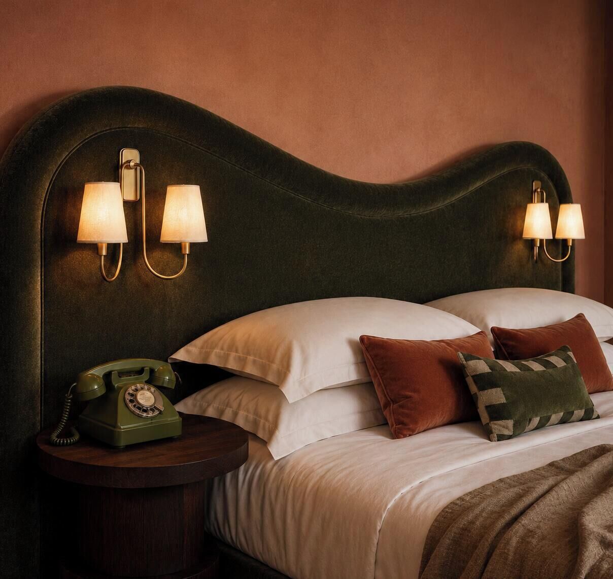Een bed met witte en bruine kussens, een groene draaischijf telefoon en wandlampen op een donker hoofdeinde.