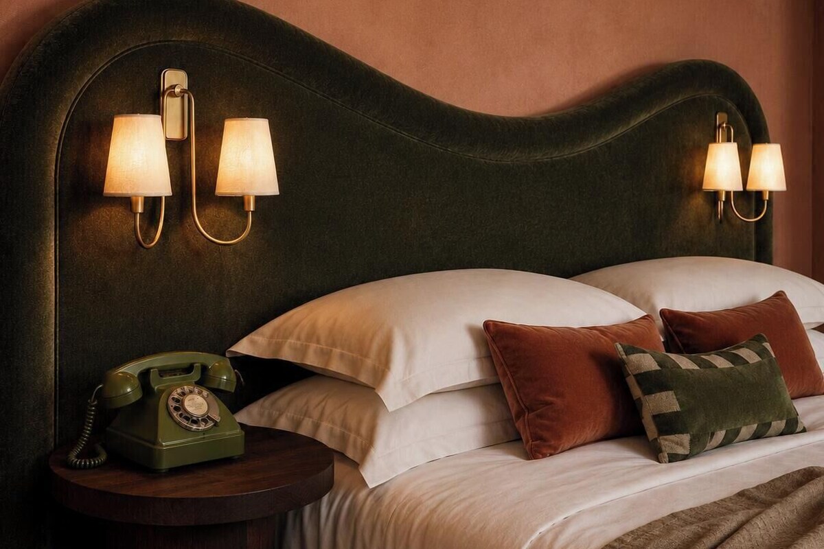 A bed with white and brown pillows, a green rotary phone, and wall-mounted lamps on a dark headboard.