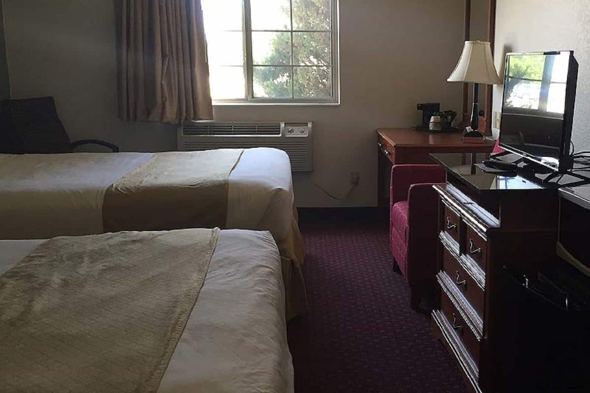 room, 2 queen beds, non smoking, refrigerator | desk, iron/ironing board, free wifi, bed sheets