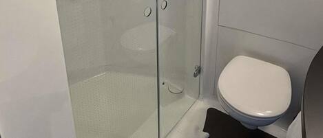 A bathroom with a glass shower enclosure, a white toilet, and a dark floor.