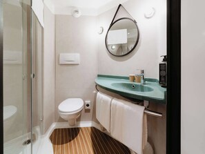 Shower, eco-friendly toiletries, hair dryer, towels