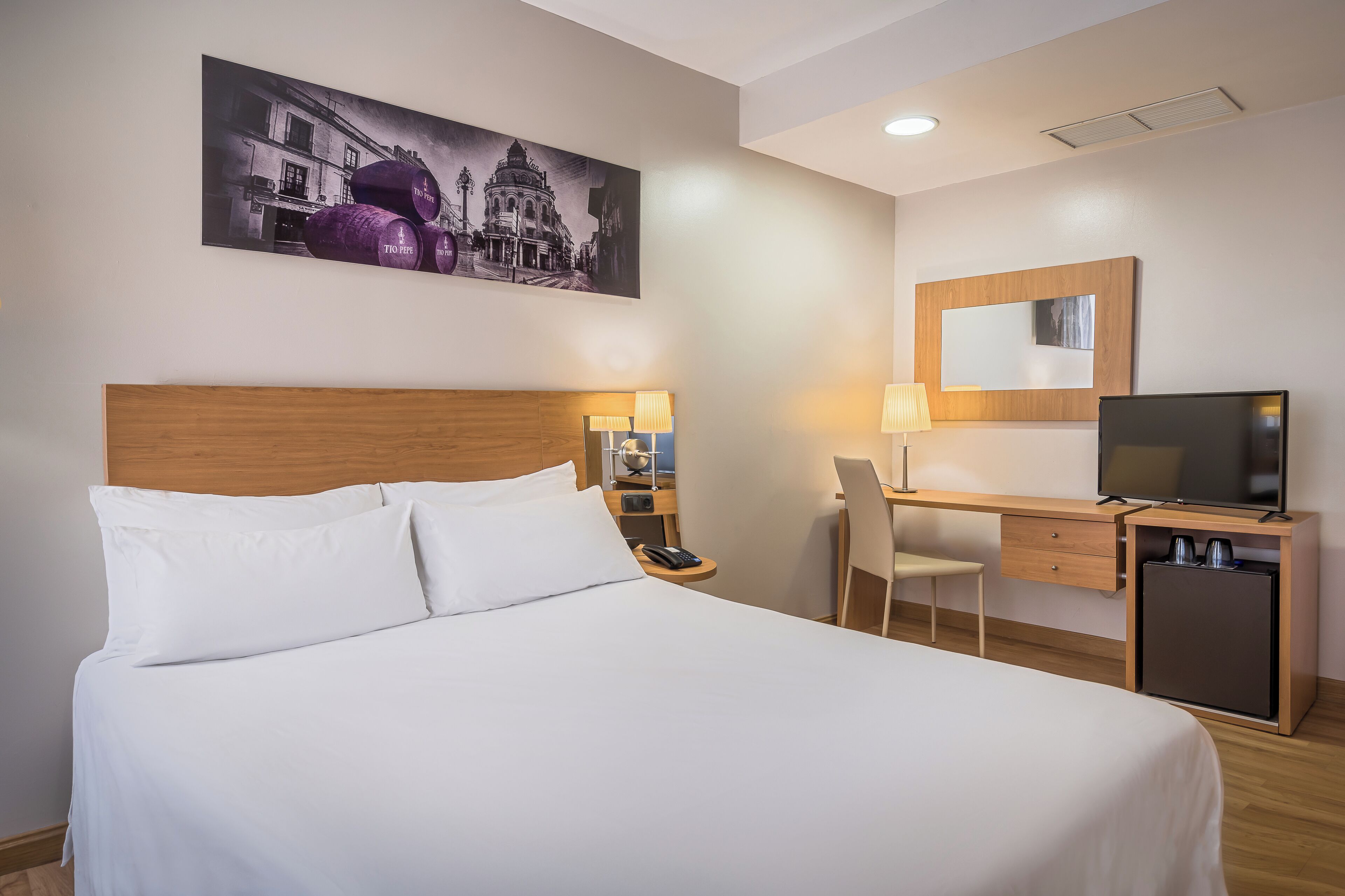 Une chambre d’hôtel avec un lit, un bureau, une chaise, une télévision et un tableau au mur.