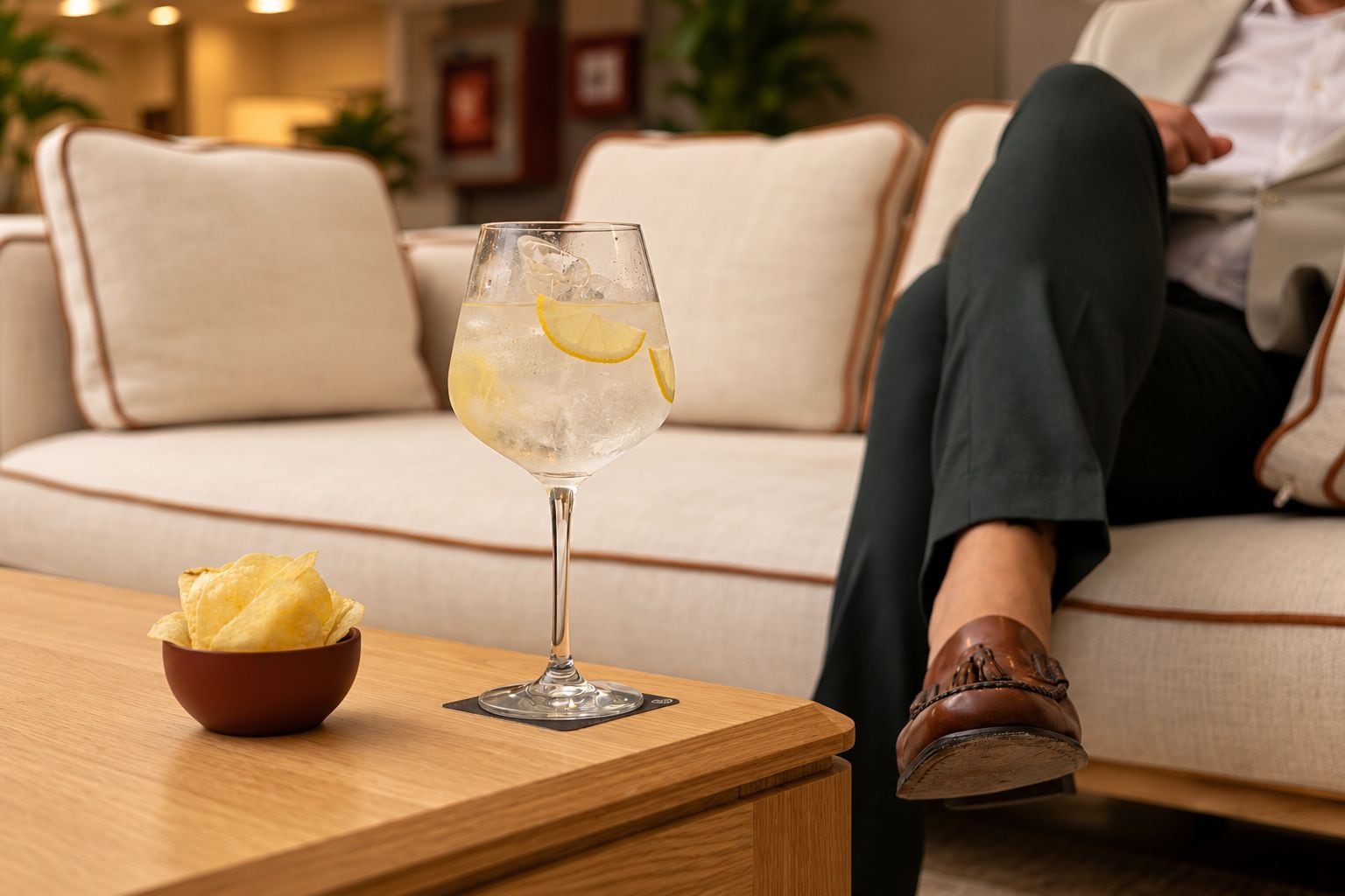 Un verre de boisson glacée agrémenté de rondelles de citron sur une table en bois, un bol de chips et une personne assise sur un canapé.