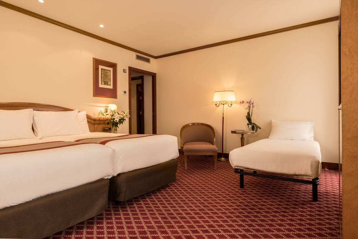 Een hotelkamer met twee bedden, een stoel, een lamp en een klein tafeltje met een plant.