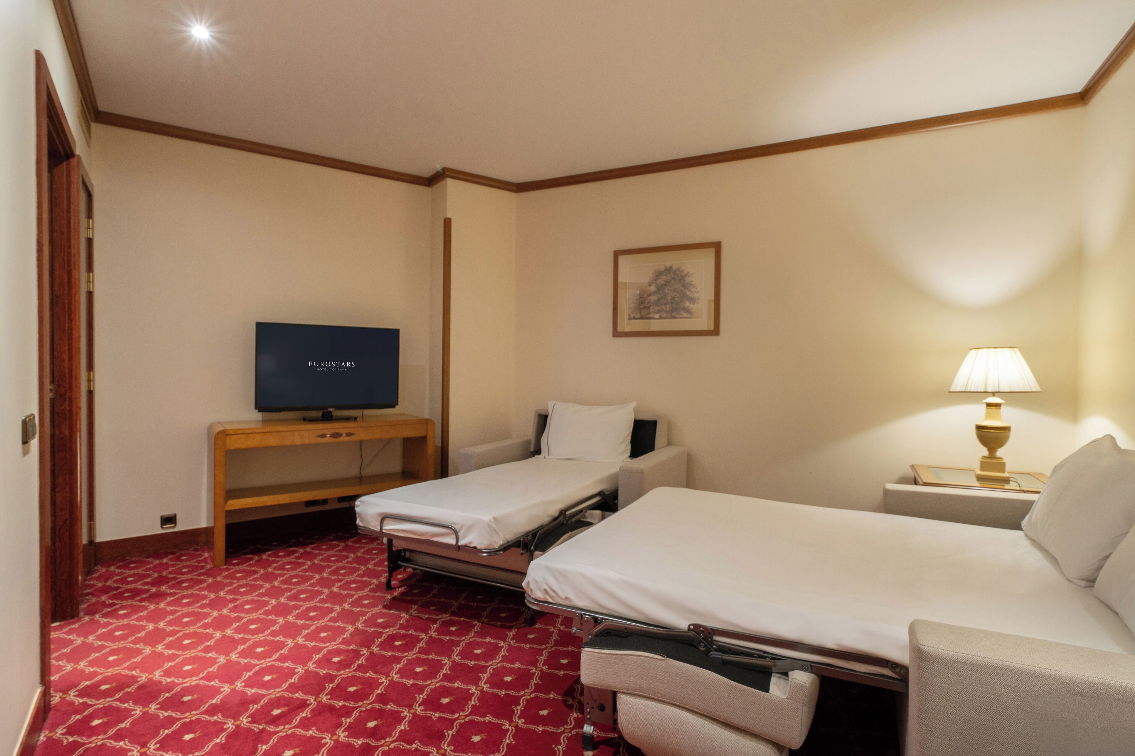 Habitación de hotel con dos camas individuales, un televisor sobre un soporte de madera, una lámpara de noche y una alfombra roja estampada.