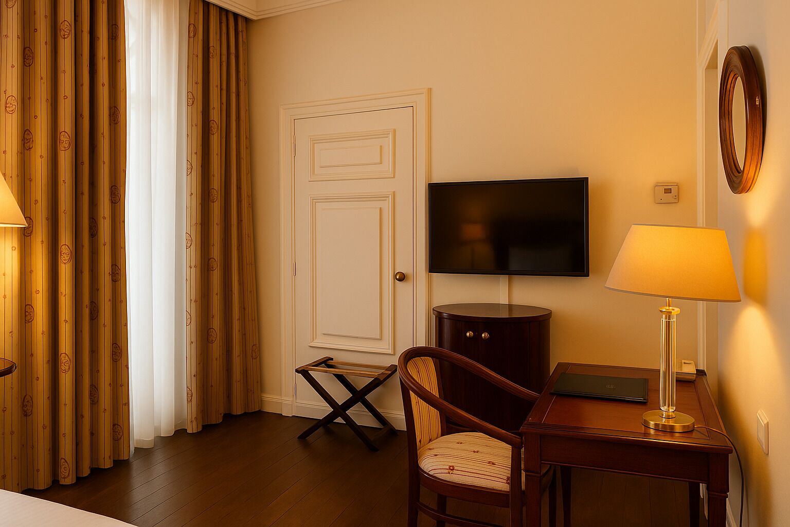 Een hotelkamer met een televisie, een bureau met een lamp, een stoel, een kledingkast en een deur.