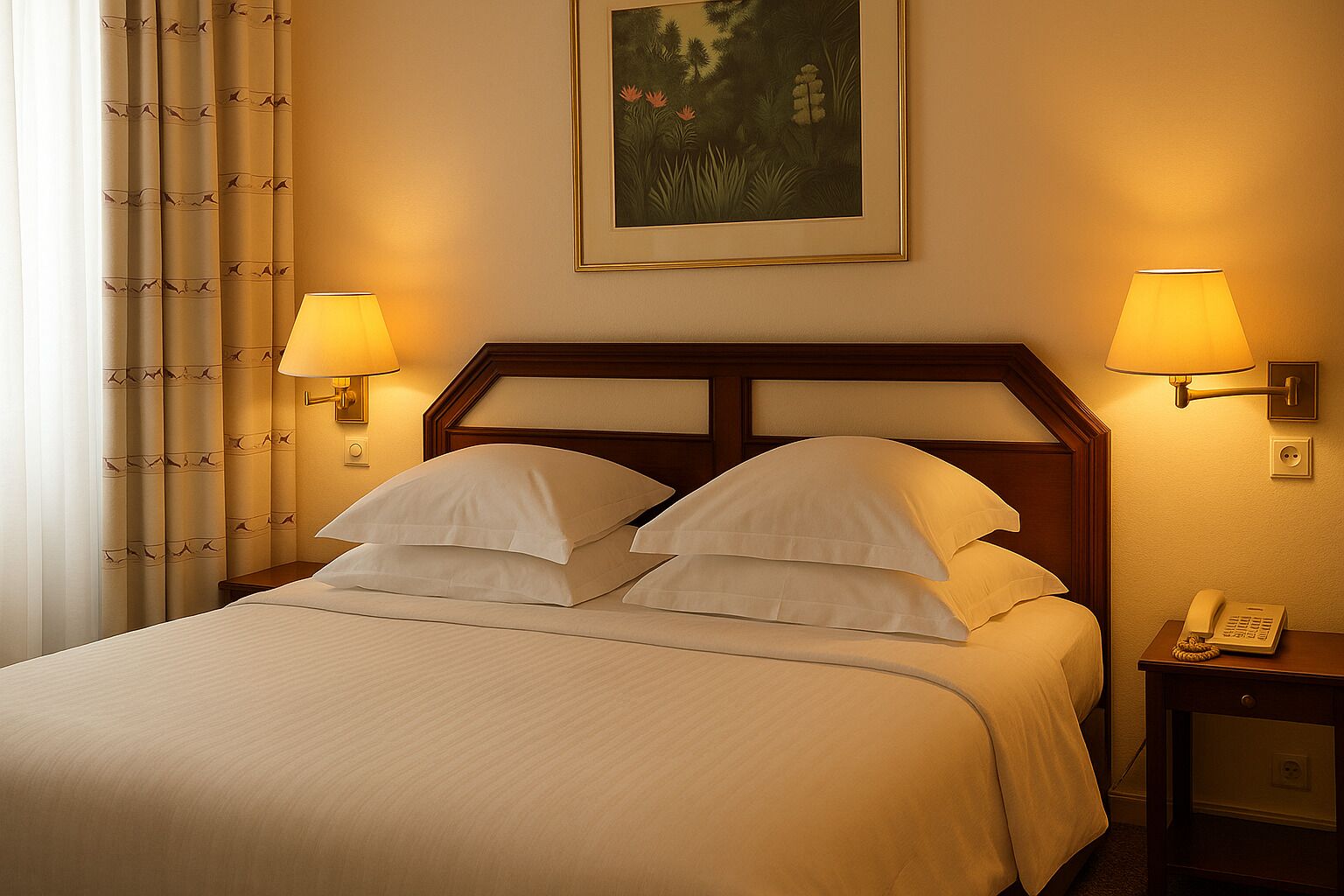 A hotel room with a bed, two bedside lamps, a painting on the wall, and a telephone on the nightstand.