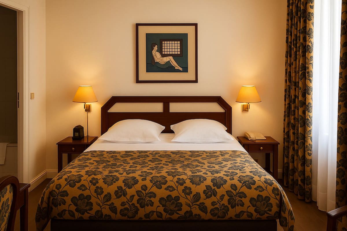 A hotel room with a bed, two bedside tables, a framed picture on the wall, and a window with curtains.