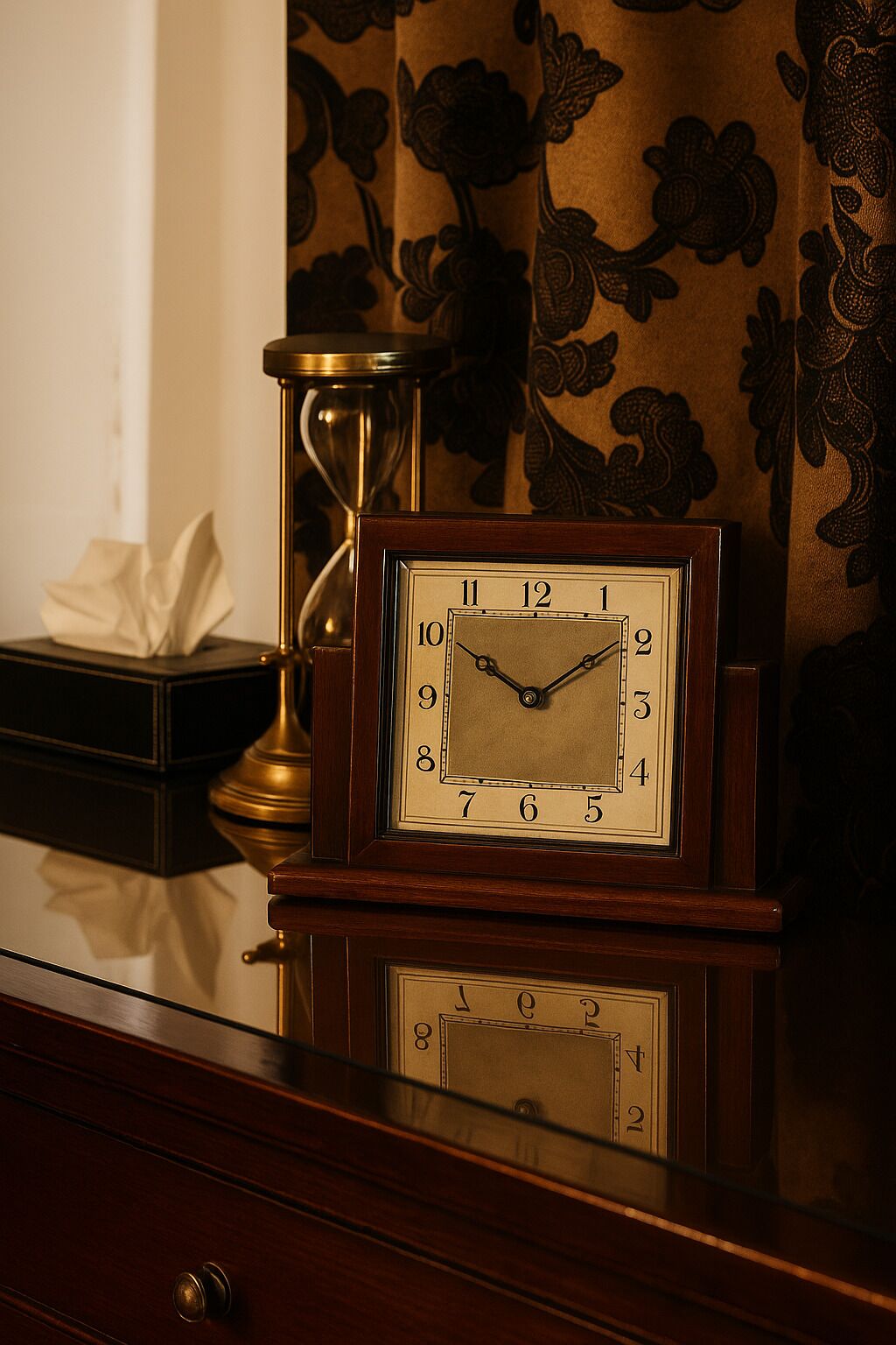 A wooden clock with a brass pendulum on a dresser.
