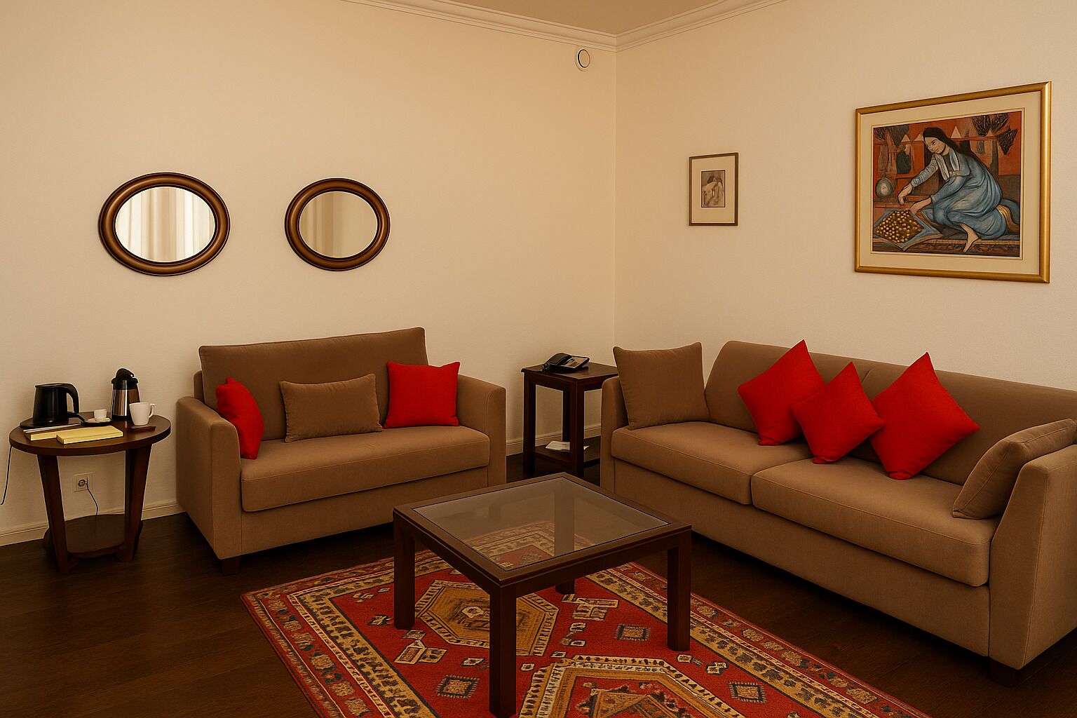 Un salon comprenant deux canapés, une table basse, un tapis et deux miroirs fixés au mur.