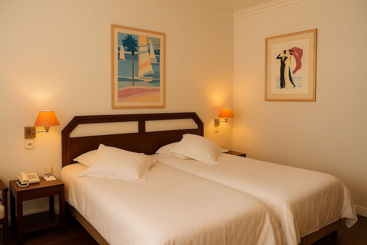 A double bed with two pillows, a wooden headboard, bedside lamps, a nightstand with a phone, and two framed artworks on the walls.