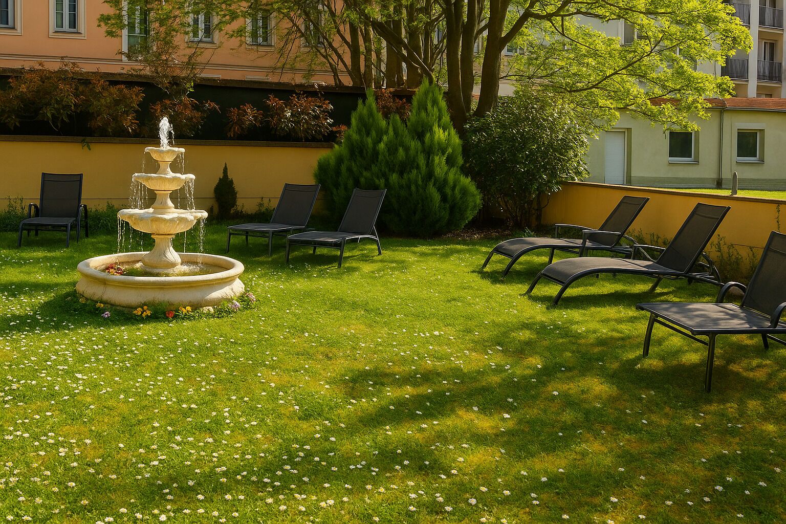 Una fuente, sillas al aire libre y un edificio al fondo.