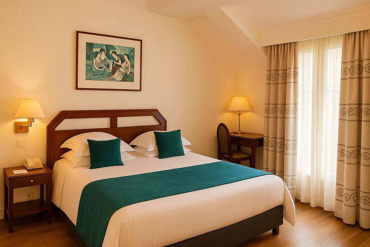 A hotel room with a large bed, two bedside tables, a desk, a chair, a painting on the wall, and a window with curtains.