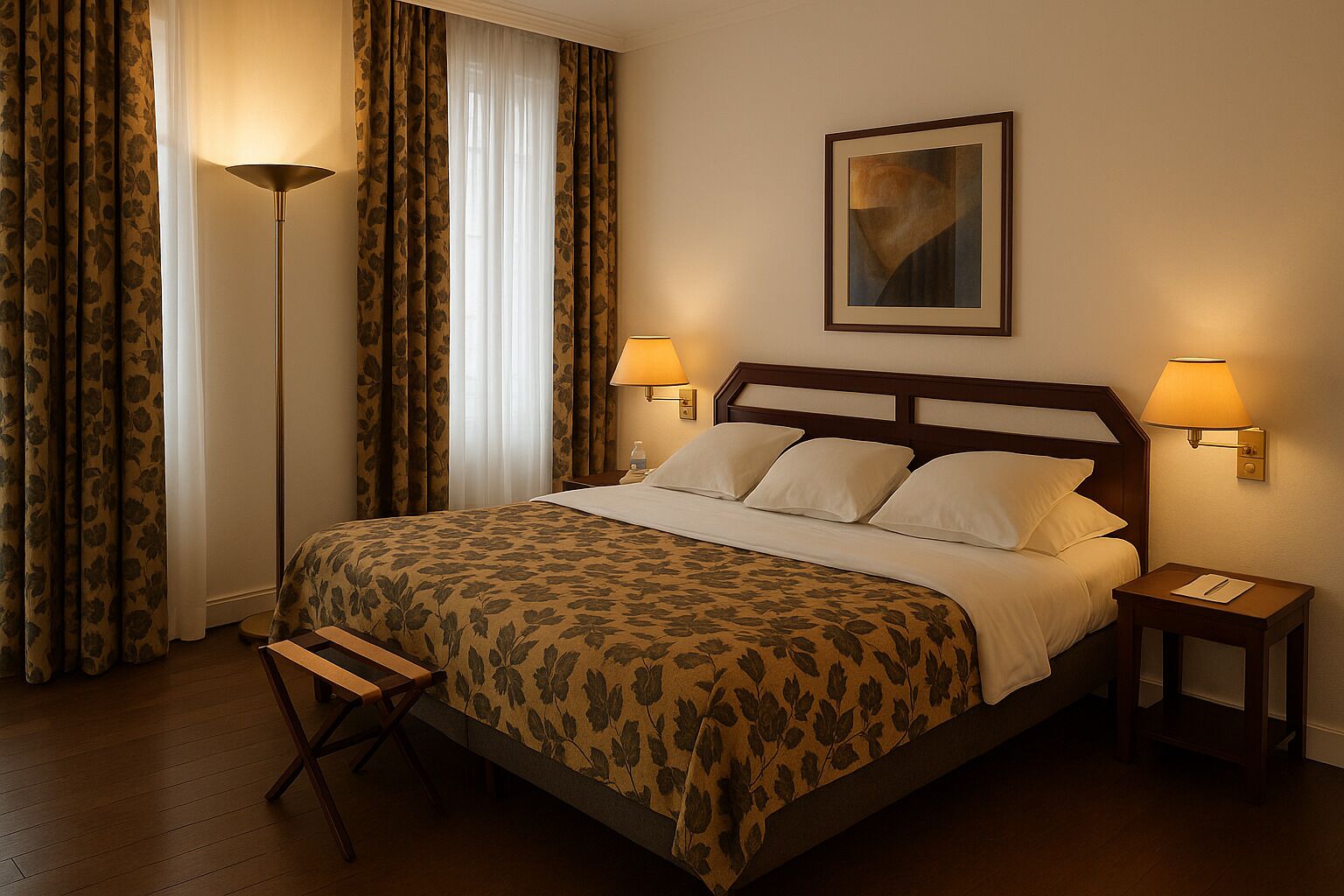 A neatly made bed with a floral bedspread, two bedside lamps, a framed picture on the wall, and a floor lamp.