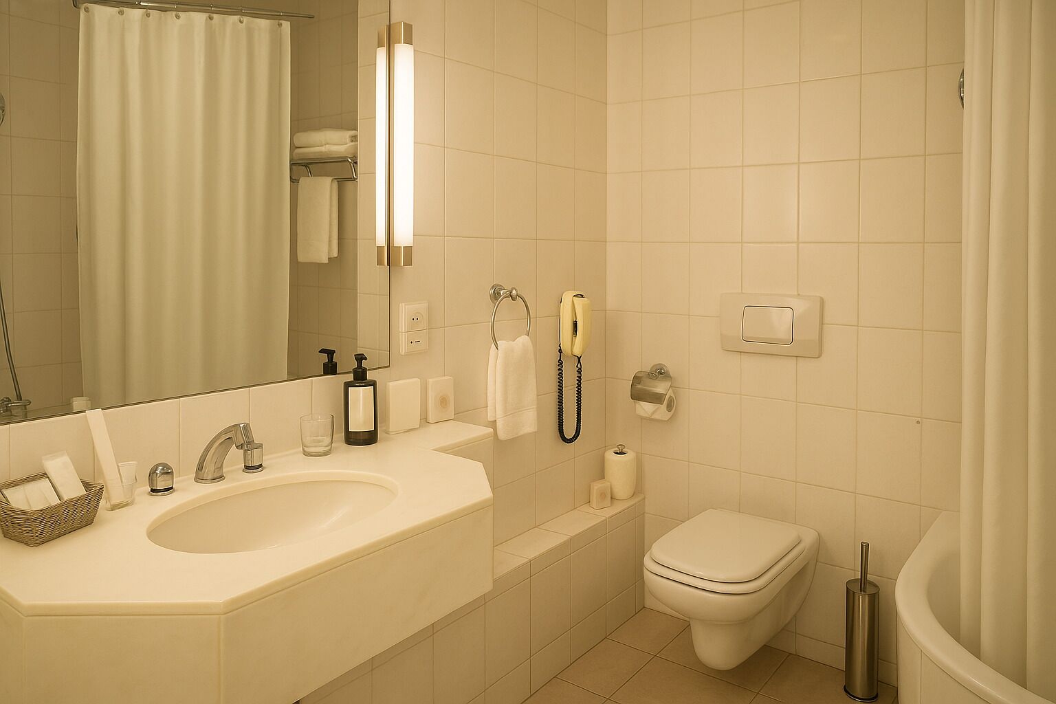 Un baño con lavabo, espejo, inodoro y bañera.