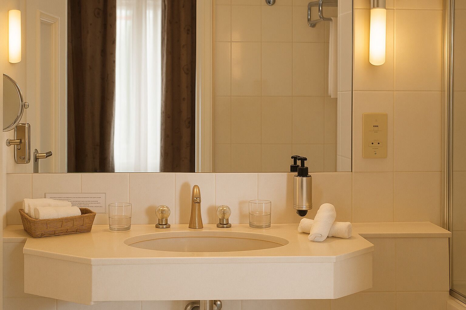 A hotel bathroom with a large mirror, a sink with a faucet, a towel rack, and a glass of water on the counter.