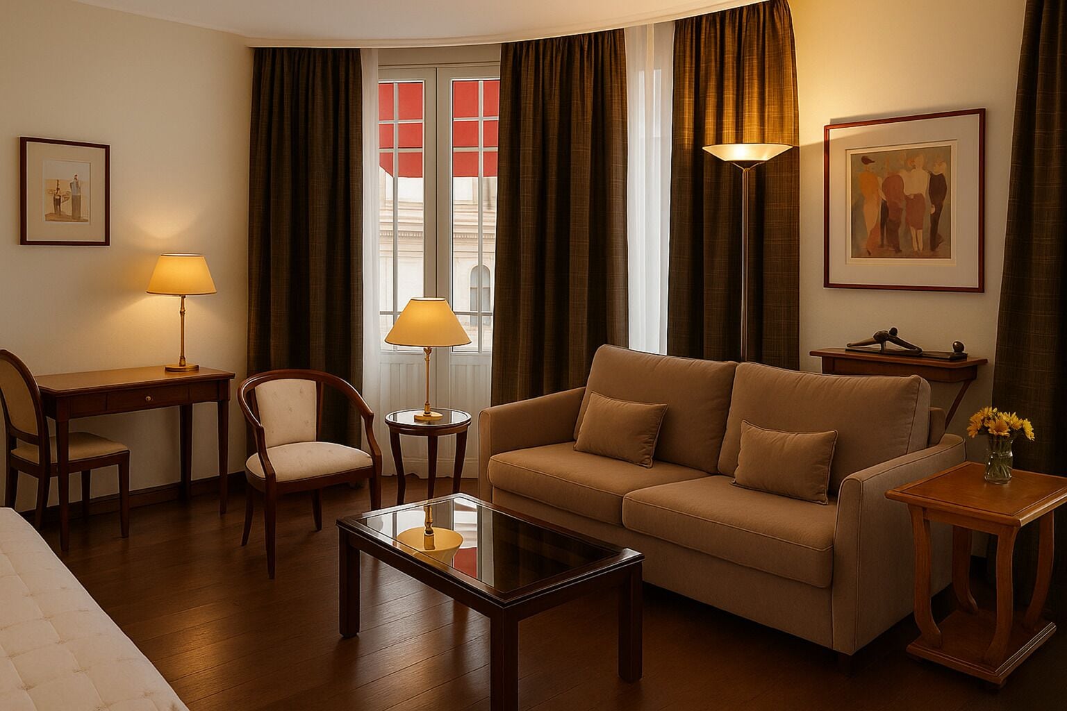 A hotel room with a sofa, two chairs, a small table, a lamp, a side table with a vase, and a painting on the wall.