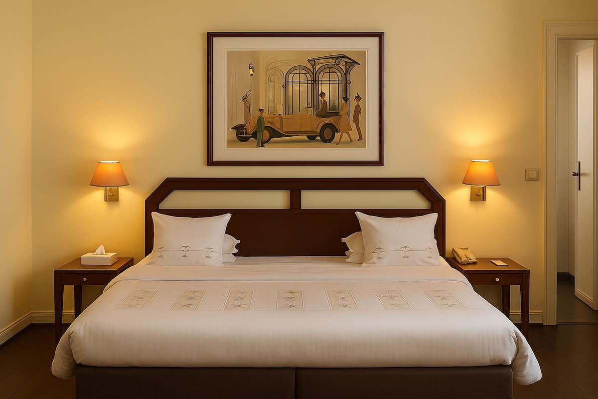 A hotel room with a large bed, two bedside tables, a framed artwork above the bed, and two wall-mounted lamps.
