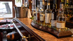 A bar counter with a selection of liquor bottles, a metal bucket, and a wooden bar. - Hotel du Parc - Centre Ville (Mulhouse)