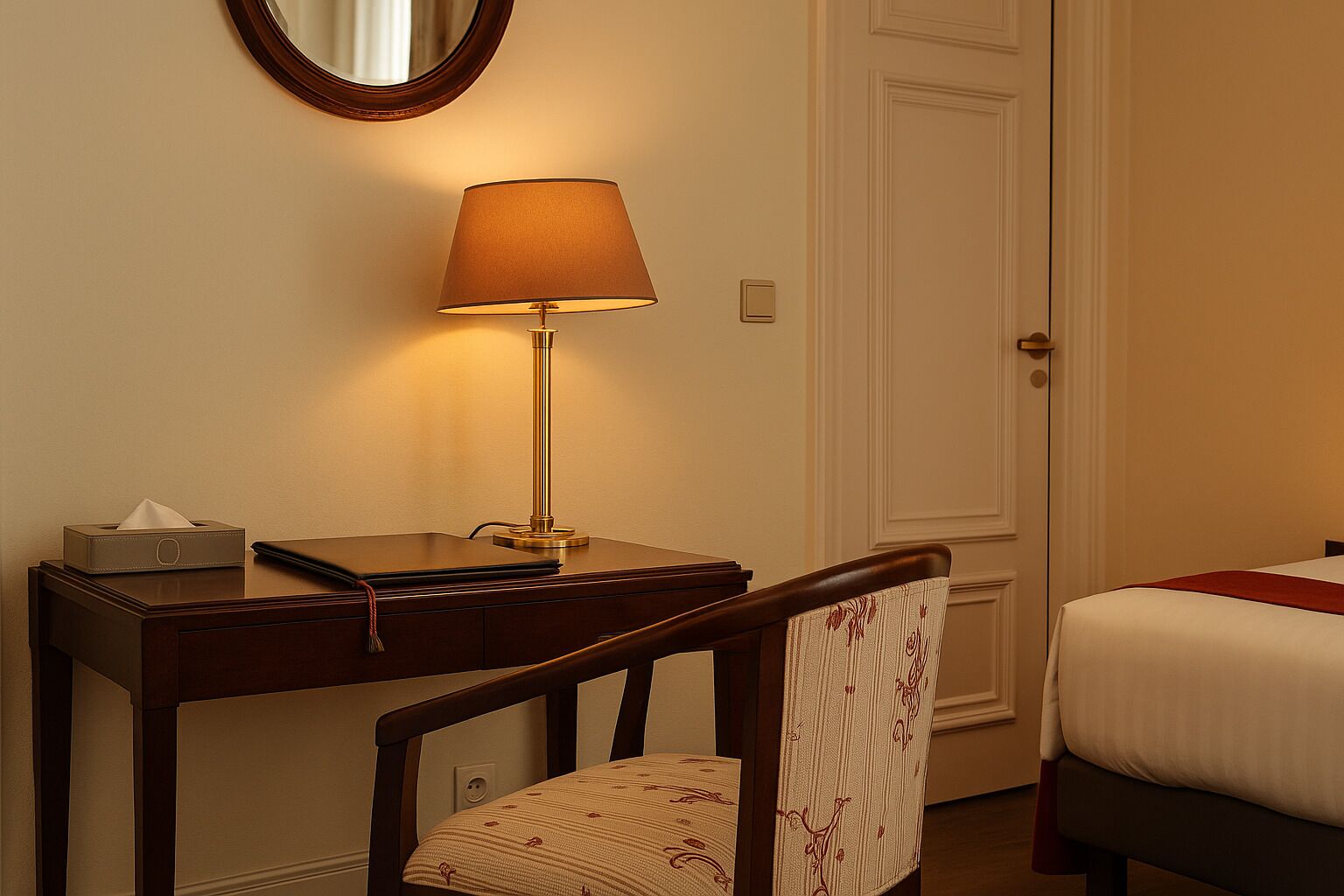 Een hotelkamer met een bureau, stoel, nachtkastje, lamp en een bed.