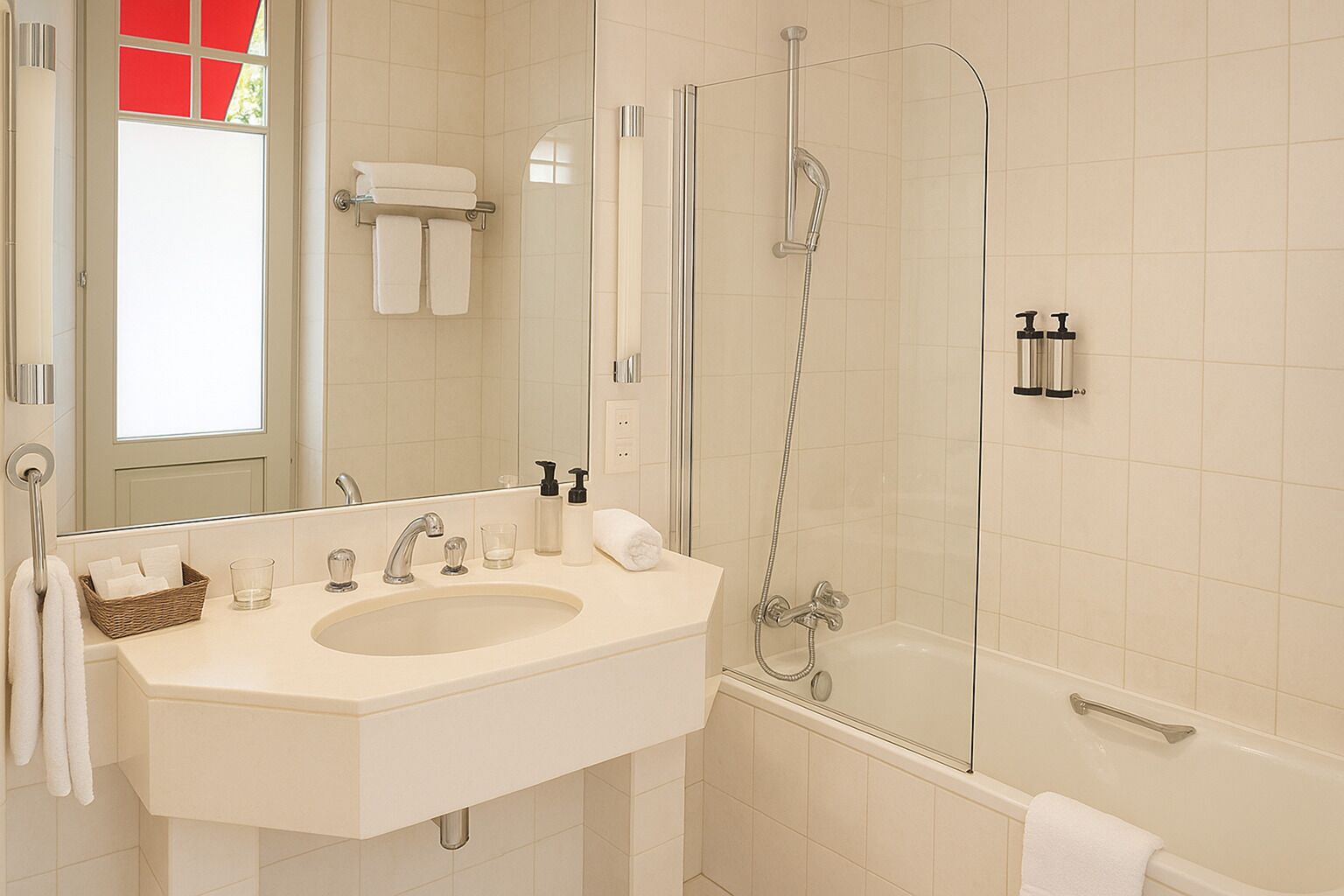 Un baño con lavamanos, espejo, cabina de ducha de vidrio y bañera.