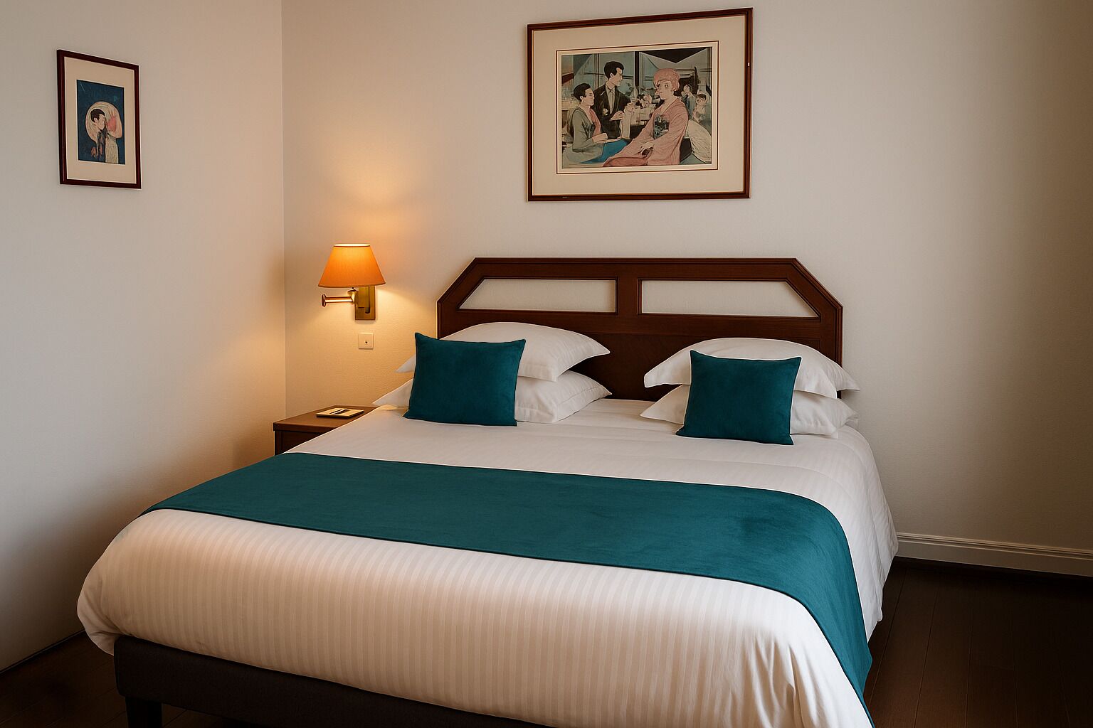 Una cama bien hecha con colcha y almohadas color turquesa, una lámpara de noche y dos cuadros en la pared.