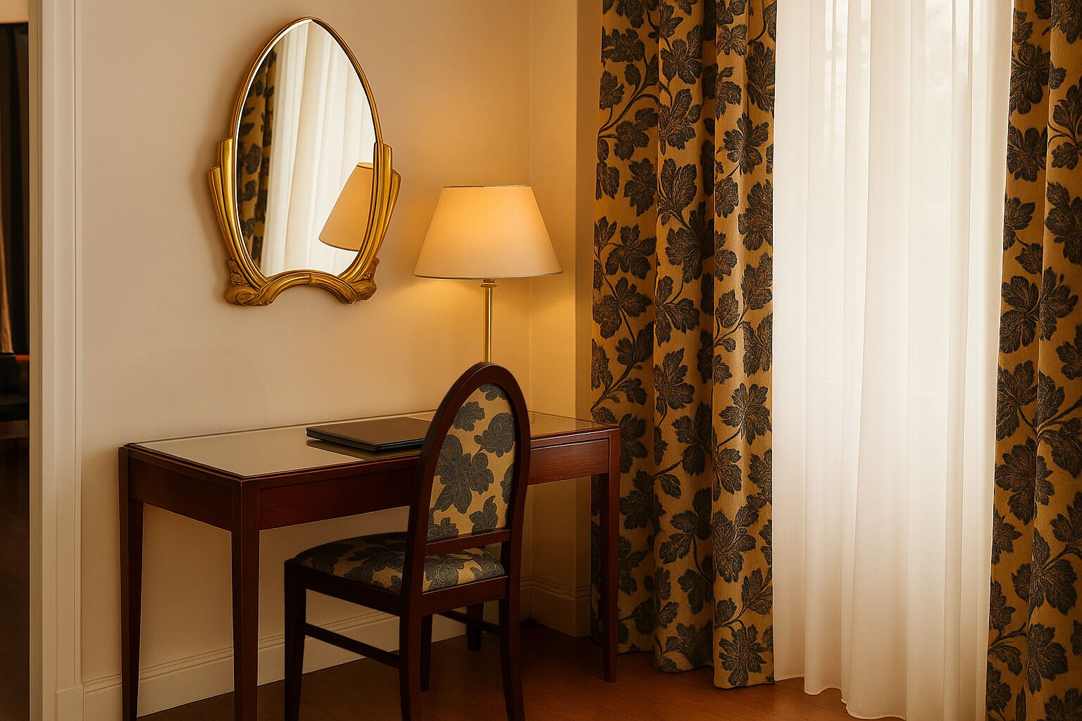 Una habitación de hotel con escritorio, silla, lámpara y espejo.