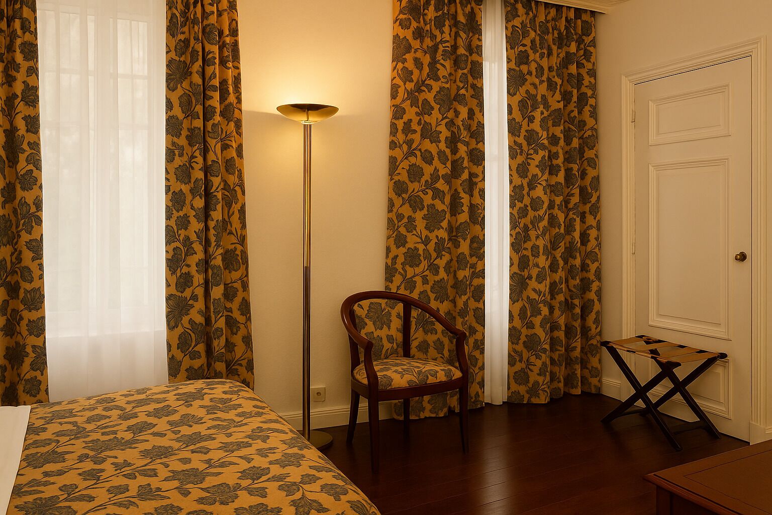A room with a bed, a chair, a floor lamp, a door, and a small table.